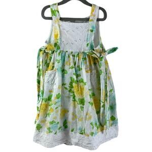 La Folie Dress Sundress Pinafore Eyelet Pockets Side Ties Yellow Floral Girls 6